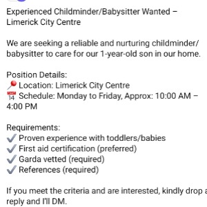 Babysitter required in University Maternity Hospital Limerick, Ennis Road, Stonetown, Limerick, County Clare, Ireland